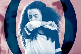 Children Omicron Croup Cough , Mixed race preteen girl sneezes into her arm