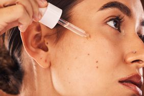Skincare, facial and woman with beauty, product and skin, wellness and grooming with retinol, serum and collagen
