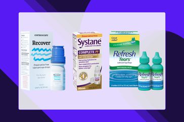 Collage of eye drops we recommend for dry eyes on a blue background