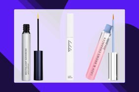 Three eyelash growth serum tubes and wands on a lavender background.