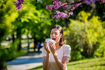 Young female about to sneeze holding tissue standing out in nature with trees and flowers