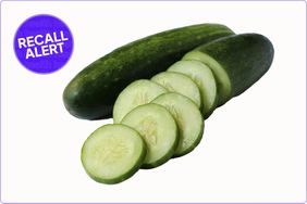 2 cucumbers, one sliced, with 'recall alert' logo