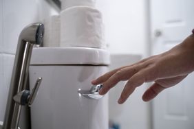 A person flushes the toilet