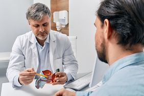 Doctor urologist consulting patient with prostatitis, explaining to him methods of treatment using anatomical model of male reproductive system. Prostatitis treatment