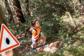 Person hiking in forest passes tick warning sign.