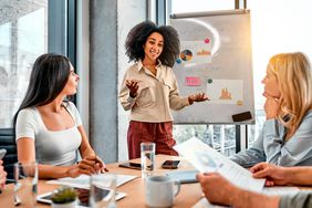 Person using self-serving bias to discuss business success in front of work team