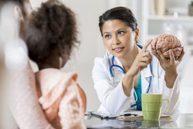 doctor showing young girl a model of the human brain