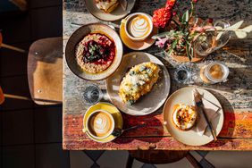 Top view of a table full of healthy comfort foods