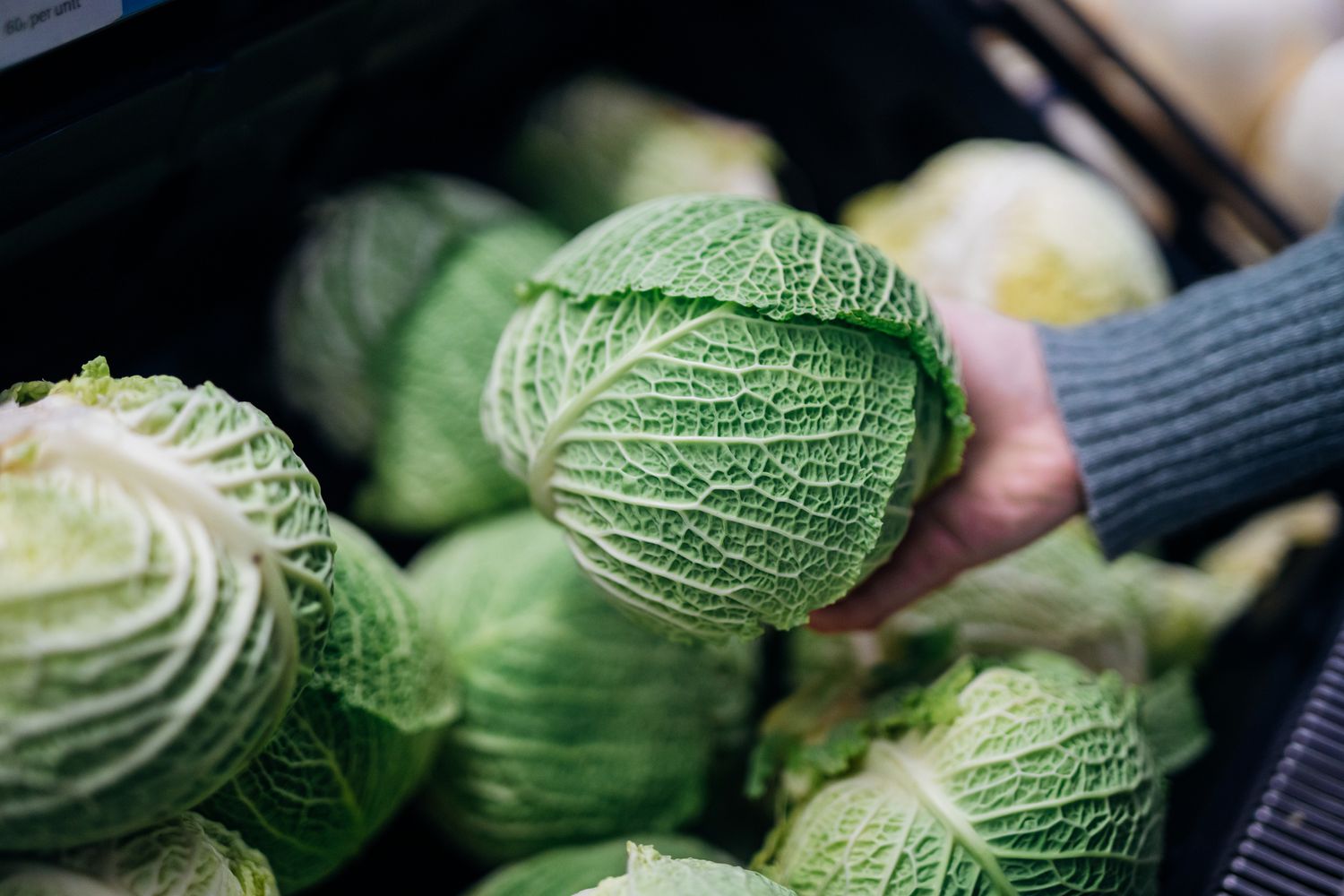 Close up shot of a woman hand holding fresh cabbage in farmers market