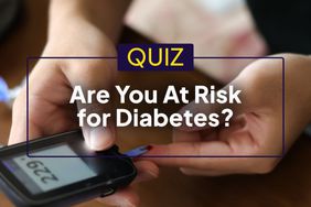 someone using a glucose monitor with the text QUIZ: Are you at risk over diabetes? written on top