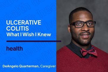 A headshot of DeAngelo Quarterman with the text Ulcerative Colitis What I Wish I Knew caregiver