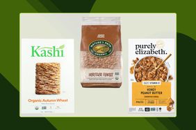 A collage of high fiber cereals on a green background
