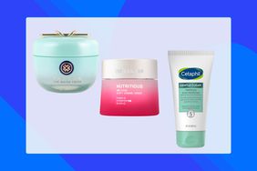 Collage of moisturizers we recommend for oily skin on a blue background