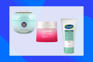 Collage of moisturizers we recommend for oily skin on a blue background