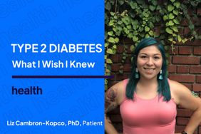 Liz Cambron-Kopco smiles with her blood glucose monitor on her arm. The words next to her say Type 2 Diabetes What I Wish I Knew.
