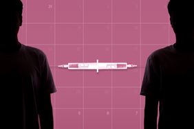 how long men should wait in between vaccine doses - Silhouette portrait of young man in casual T-shirt standing calm with hands down, indoor studio shot, isolated on pink background with double needle syringe