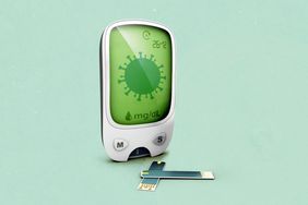 Covid Virus inside of Blood Glucose Meter with testing sticks on a blue background