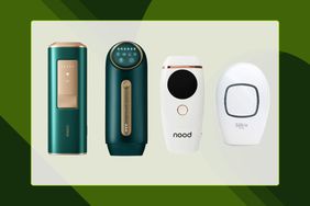 At-Home Laser Hair Removal devices arranged on a green background