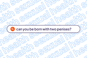 A search bar with the question, "can you be born with two penises?"