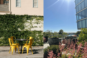 two pictures of outside sunshine and chairs